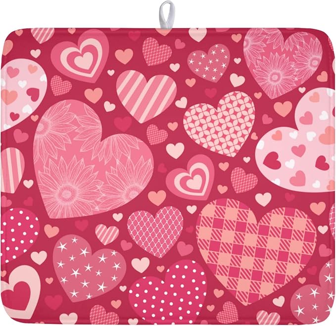 Valentine's Day Red Heart Dish Drying Mat 16x18 Inch | Polyester，Absorbent Microfiber，for Kitchen Coffee Dining Bar Decor