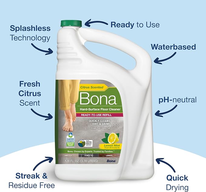Bona Multi-Surface Floor Cleaner Refill - 128 fl oz - Lemon Mint | Residue-Free Floor Cleaning Solution Refill for Spray Mop and Spray Bottles - Use on Stone, Tile, Laminate, and Vinyl Floors