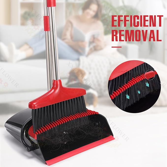 Broom and Dustpan Set,54.72"Long Handle,Standing Dustpan,Black&Red | Light Weight Stainless Steel Poles,Upright Dustpan with Broom Combo,for Home Kitchen Office Pet Dog Hair
