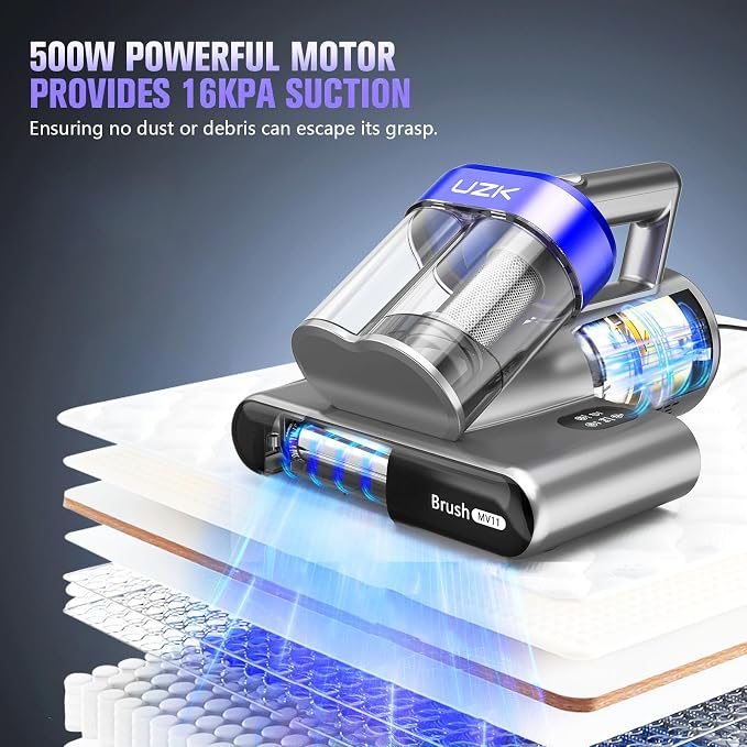 Mattress Vacuum Cleaner,Bed Vacuum Cleaner with UV-C Light,16Kpa,140°F Heat,Ultrasonic,Anion,Handheld Vacuums for Bed,Sofa,Couch,Crib(Corded, Blue Black)