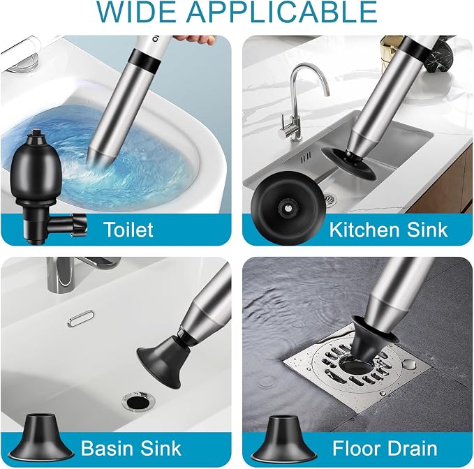 Toilet Plunger Drain Clog Remover: High Pressure Air Drainage Blaster Clog Remover Tool- Stainless Steel White Air Plunger for Bathroom, Sink, Floor, Kitchen Clogged