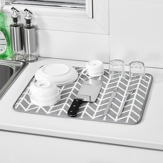 SUBEKYU Dish Drying Mat for Kitchen Counter, Absorbent Microfiber Dishes Drainer Mats/Rack Pads, 2 Pack, Light Grey, Branch