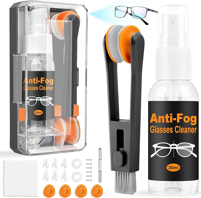 Glasses Cleaner Eyeglass Cleaning Kit with Anti Fog Spray, Microfiber Cloth | Streak-Free Cleaning Pads，Lens Wipes for Sunglasses Camera Lenses, Includes Screwdriver, Nose Pads, Ear Grips, Storage Case