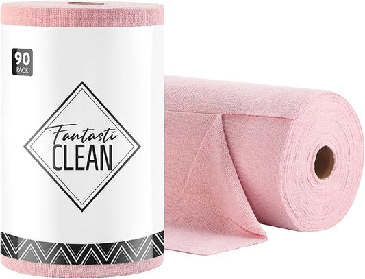 Fantasticlean Microfiber Cleaning Cloth Roll- 90 Sheets, 12" x 12" (Pink) | Super Absorbent, Lint-free, Tear-away Microfiber Towel Roll, for All-Purpose Cleaning, Reusable Alternative to Paper Towels