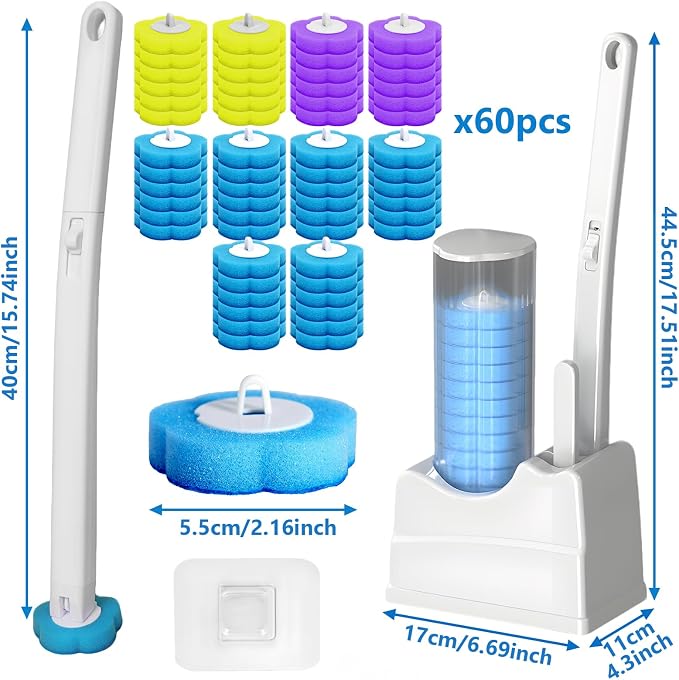 Disposable Toilet Brush Cleaning System, Disposable Toilet Cleaner Wand and Holder Set with 60 Toilet Wand Refills, Extended Handle for Toilet Bowl Cleaners, Bathroom Cleaning, Bathtub