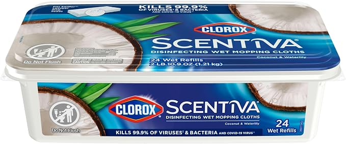 Clorox Scentiva Disinfecting Wet Mop Pad, Disposable Mop Heads, Coconut and Waterlily, 2 Packs, 24 Wet Refills Per Pack (Package May Vary)
