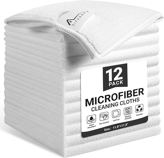 SIFANGKE Microfiber Cleaning Cloth, 12 Pack Lint-Free and Highly Absorbent Rags, White Reusable Microfiber Towels for Car, Kitchen, Bathroom and Household Cleaning Supplies, 11.8"X11.8"