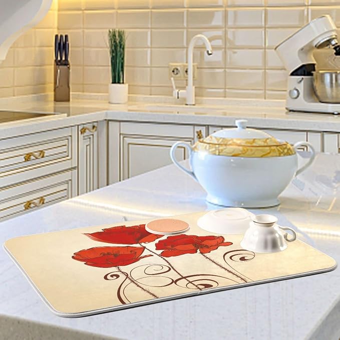 Super Absorbent Dish Drying Mat, Microfiber Fast-Drying Dish Mat, 24" x 18", Kitchen Dish Drying Pad, Red Poppy Flowers Retro