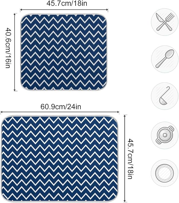 Nautical Navy Stripes Dish Drying Mat for Kitchen, Absorbent Microfiber Drying Pad Dish Mat, 16" X 18"