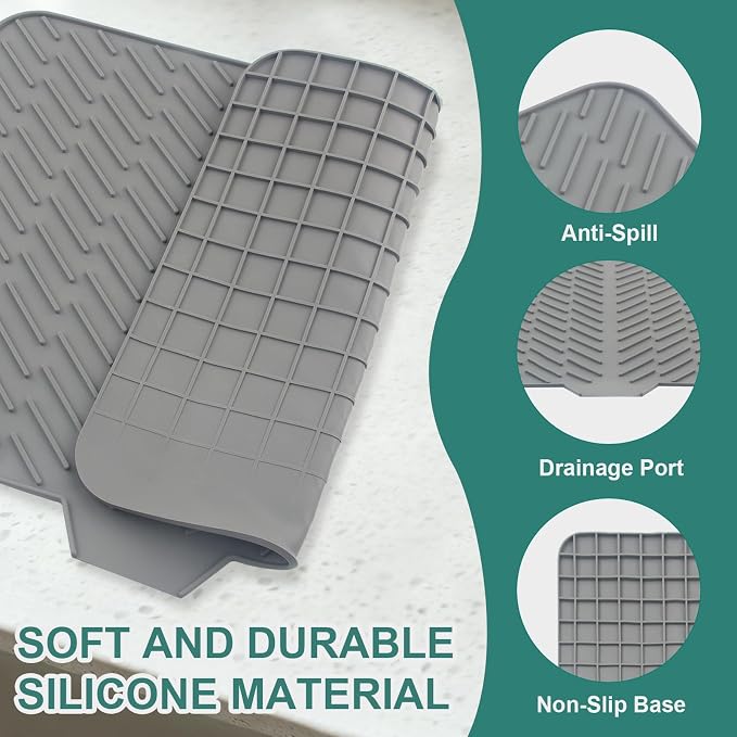 Silicone Dish Drying Mat 23x17,Food-Grade Silicone,Easy Clean Pad for Countertop Protection,Heat Resistant,Easy Clean,Non-Slip Drain Pad with Built-in Drain,Multi-Functional Use,Gray