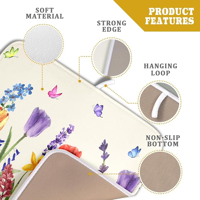 Spring Summer Colorful Flower Dish Drying Mat 16x18 Inch Spring Wildflowers Kitchen Pad Botanical Floral Drainer Rack Mats Absorbent Fast Dry Microfiber Dish Drying Pad for Countertop Table Decoration