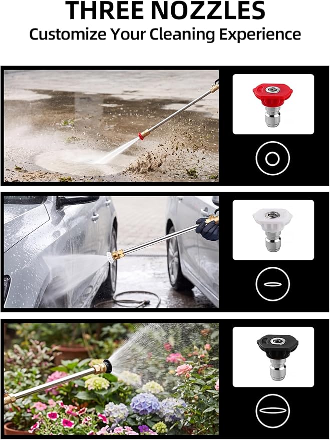 Jet Nozzle Wand–3 Tips,Quick Connectors,Black | Rust-proof aluminum,Non-slip grip,3 spray patterns,Fits standard hoses,Quick connect for Car/Patio/Garden/Gutter cleaning