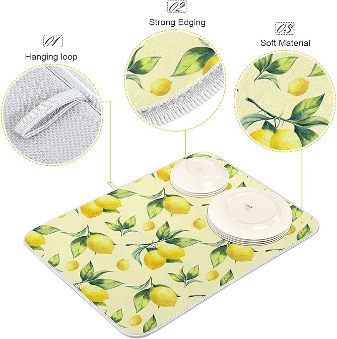 Super Absorbent Dish Drying Mat, Microfiber Fast-Drying Dish Mat, 24" x 18", Kitchen Dish Drying Pad, Vintage Yellow Lemon With Leaves