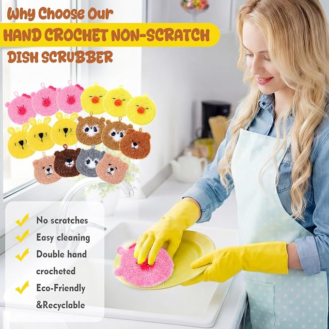 Kenning 16 Pcs Dish Scrubber Non Scratch Dish Washing Scrubbers Reusable Household Cleaning Kitchen Tools for Dishwashing Washing Dishes Cookware Tubs Sinks (Animal)