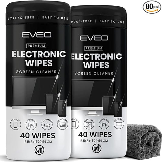 Electronic Wipes Screen Cleaner Streak-Free [2 Pack x40] Computer Screen Wipes, TV Screen Cleaner Wipes, Monitor Wipes for Smart TV, Laptop, iPhone, ipad and more - [Microfiber Cloth + 80 Wipes]