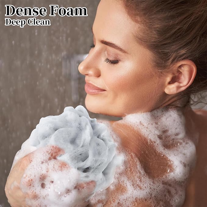 BCKENEY Bath Loofah Shower Sponge Body Back Scrubber Soft Mesh Shower Puffs Exfoliating Loofa for Women & Men Bath Accessories Cleaning Tool (4Pcs 60G Shower Puffs, Luxury)
