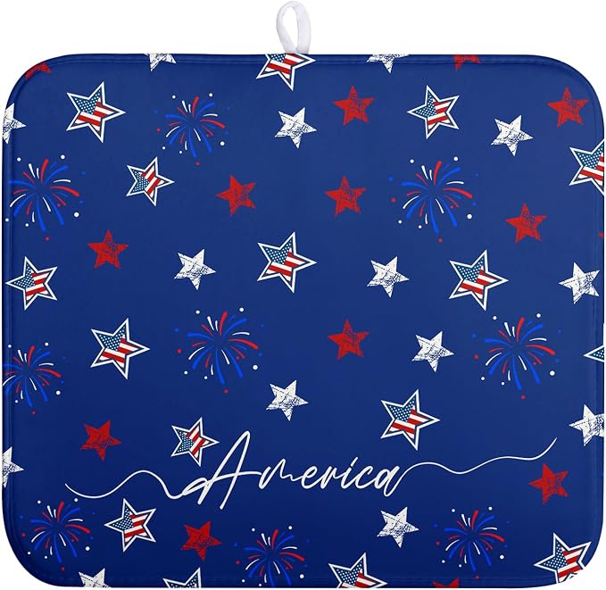 4th of July Dish Drying Mat America Stars Fireworks Blue Drying Mat 16x18 Inch Patriotic Memorial Independence Day Microfiber Absorbent Dish Drainer Rack Mats for Kitchen Counter