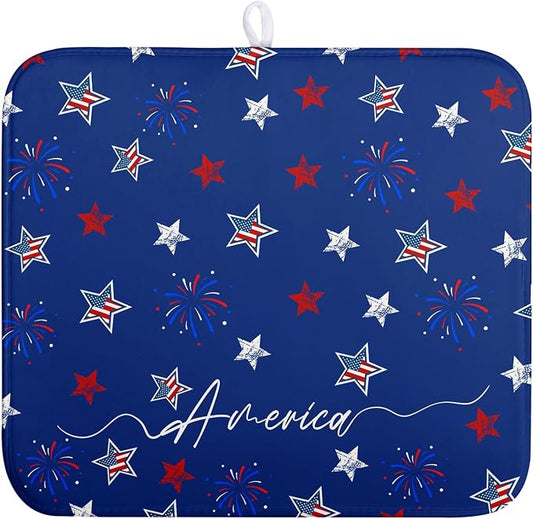 4th of July Dish Drying Mat America Stars Fireworks Blue Drying Mat 16x18 Inch Patriotic Memorial Independence Day Microfiber Absorbent Dish Drainer Rack Mats for Kitchen Counter