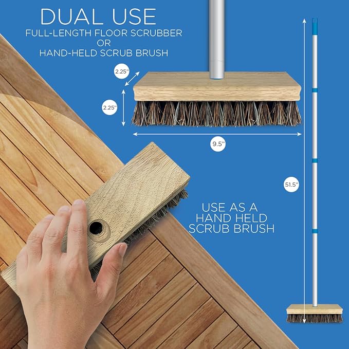 LOLA Deck Scrub Brush, 9" x 3.5" Head w/Palmyra & PVC Bristles for Outdoor Cleaning, Removes Dirt & Grime from Patios, Decks, Grout, 1 CT