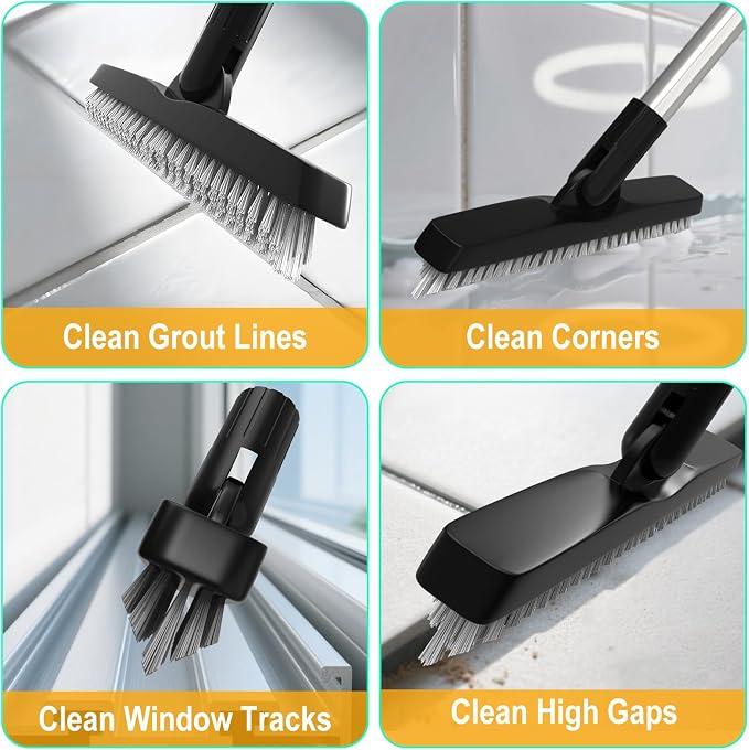 2 Pack Grout Brush with Long Handle, Swivel Cleaning Grout Line Scrubber - Extendable Durable Handle Grout Cleaner Brush for Bathroom,Tile,Baseboard,Walk in Shower,Corner & Narrow Space (Black)