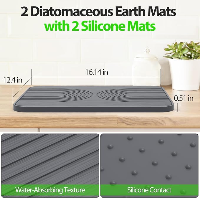 2 PCS Stone Dish Drying Mat ＆ Silicone Mat for Kitchen Counter – Diatomaceous Earth Bath Mat for Bathroom, 16.14"L×12.4"W×2 Quick Dry Mats for Dishes ,Bottles, Cups, Match Any Countertop(Gray)