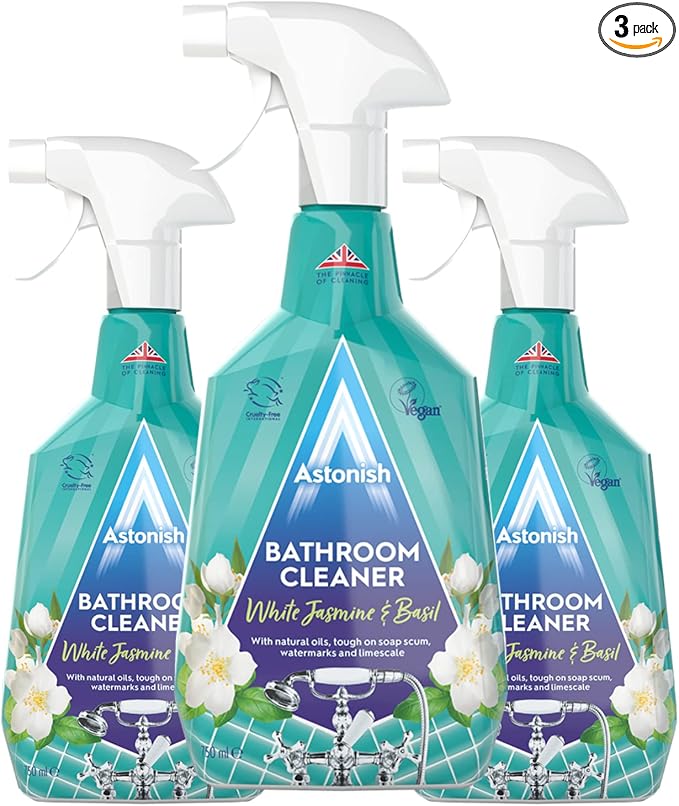 Astonish Streak Free Foaming Bathroom Cleaner Spray Bottle 3 Pack - Deep Cleaning White Jasmine & Basil Scented Spray For Soap Scum, Watermarks & Limescale - Cleaning Supplies, 750 ml Bottle