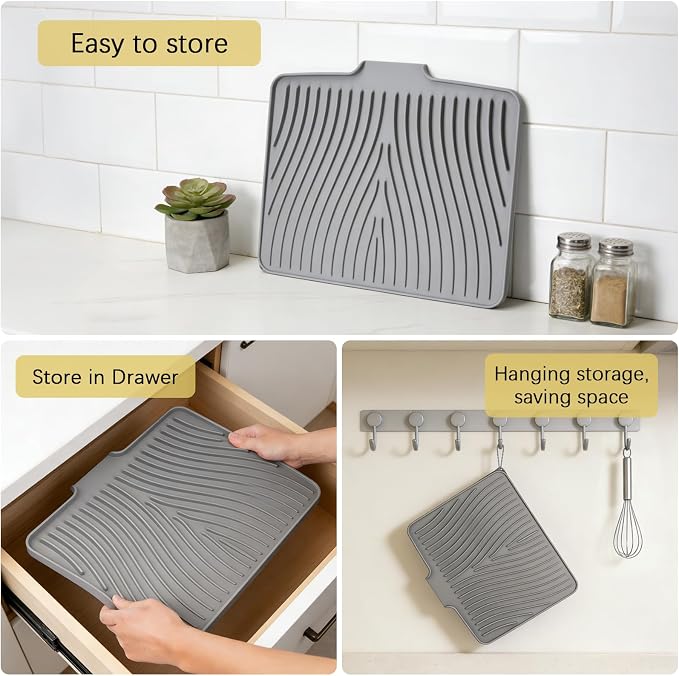 Silicone Drying Mat, 16"X13" With Built-in Drain Lip,Heat-Resistant,Eco-friendly,Hygienic Drying Pad,Leak-Proof and Non-Slip,Silicone Dish Drying Mat for Kitchen Counter or Sink（Gray 16X13）
