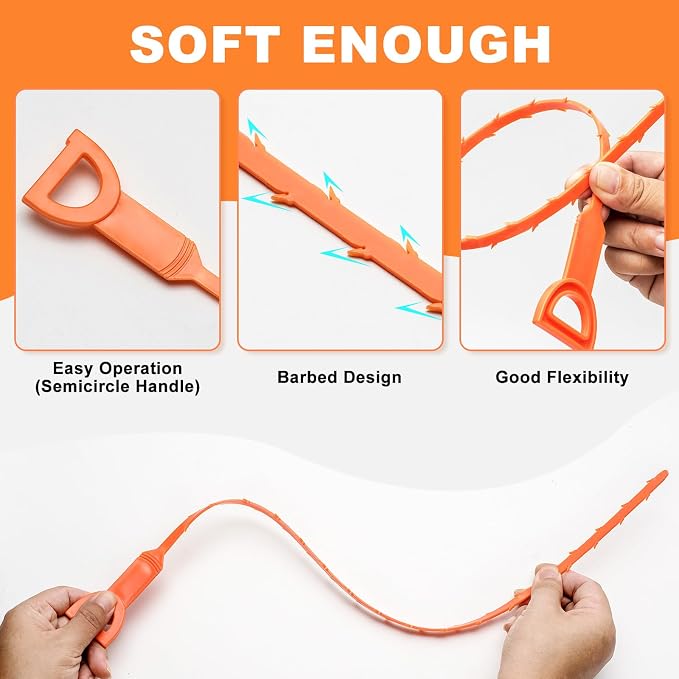 Drain Snake Clog Remover - 4 Pack 20 Inch Flexible Hair Drain Removal Tool for Sink, Shower, Tub & Toilet, Drain Cleaner with Grip Handle - Easy Use Kitchen & Bathroom Drain Opener