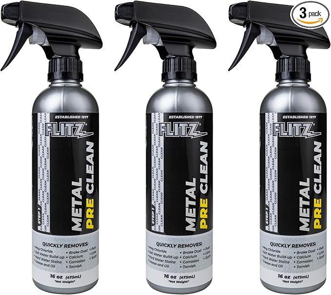 Flitz Metal Pre-Clean - 16oz of USA-Made Stainless Steel Cleaner Spray - Works on Aluminum, Brass, Copper, & More - Tarnish, Rust Remover for Metals - Non-Abrasive Aluminum Deoxidizer (3 Pack)