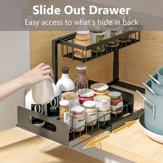 Ceetug Slide Out Under Sink Organizers and Storage, Black, 1 Pack | 2 Tier, Sturdy Metal, Cabinet Organizer, for Kitchen Bathroom