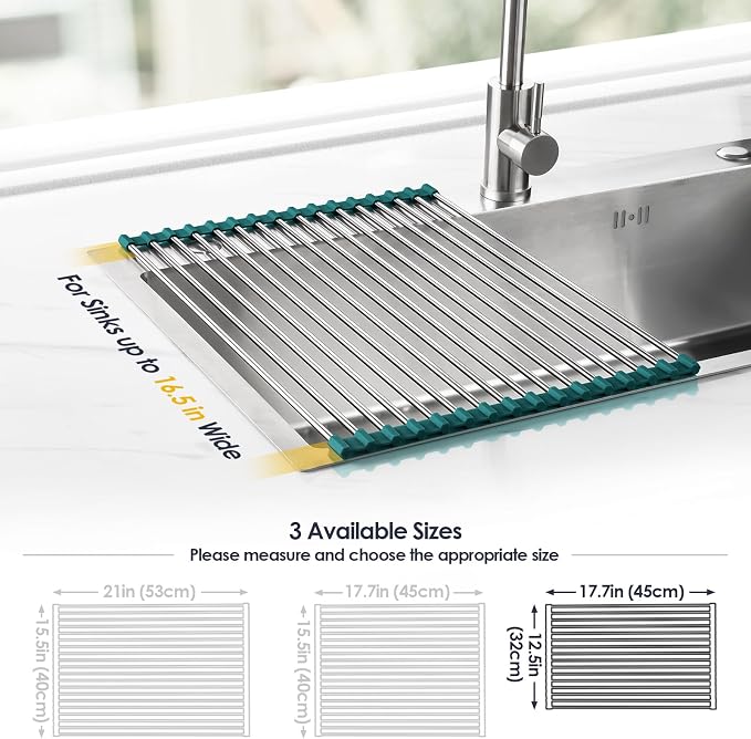 Tomorotec Stainless Steel Roll Up Dish Drying Rack, Foldable Over The Sink Rolling Drainer Rack, Multipurpose Kitchen Gadget Draining Caddy Organizer, Space Saving Sink Accessory Storage Shelf Holder
