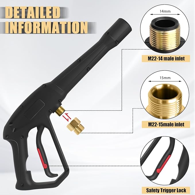 Pressure Washer Spray Gun, for Ryobi Pressure Washer Gun | with Jet Wand and 5 Spray Nozzles, M22-14MM, M22-15MM