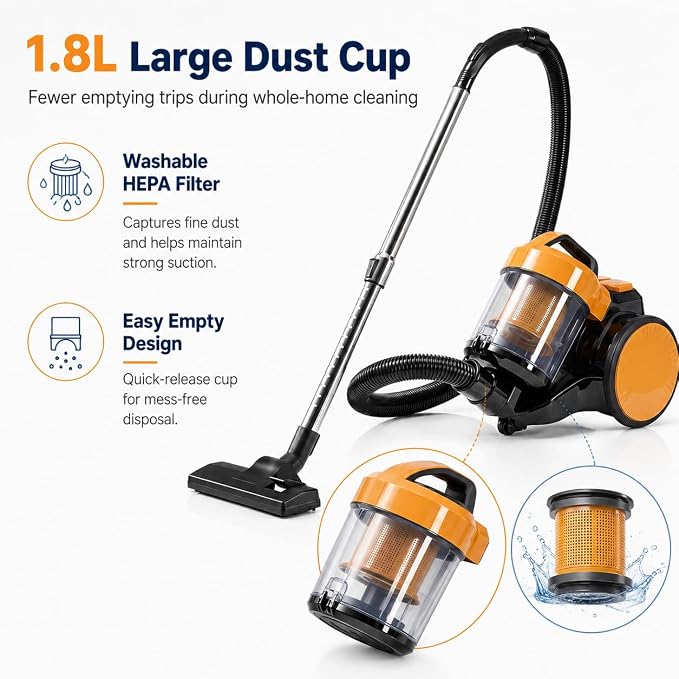 Simple Deluxe Household Portable 16.4Ft Vacuum Cleaner, 16Kpa Bagless Canister Cleaner, Lightweight Powerful Vacuum for Carpets and Hard Floors, with Washable HEPA Filter, Yellow