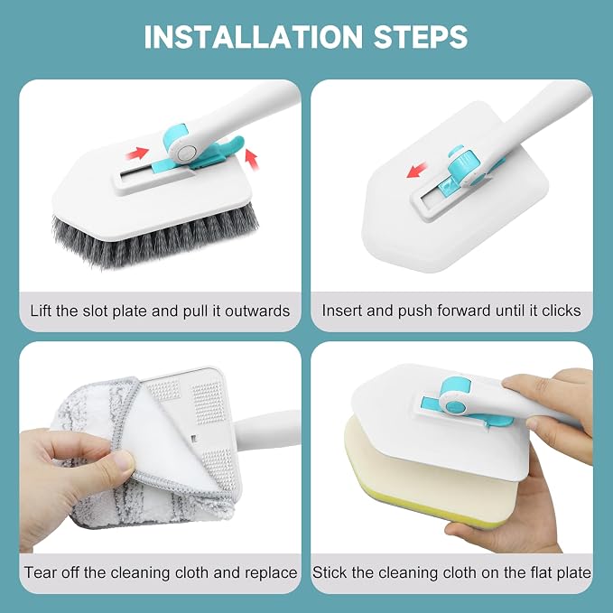 nacena Shower Scrubber with Long Handle, 4 in 1 Tile Tub Scrubber Brush with 3 Detachable Cleaning Shower Heads and Floor Squeegee Shower Cleaner Brush for Bathroom Kitchen Tub Sink Floor, Blue White