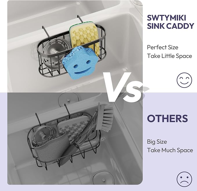 SWTYMIKI Sponge Holder for Kitchen Sink - Movable Sink Caddy with Smiley Face Sponge Holder, Rustproof Hanging Sponge Organizer in Double Bowl Sinks Depth>3.15in, Middle Divider<1.5in, Black