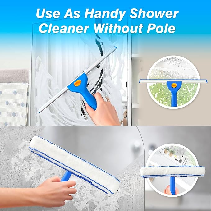 ARTIPOLY Squeegee for Window Cleaning, 14" Extra-Large Squeegee & Microfiber Scrubber Combi with 60" Stainless Steel Pole, Window Cleaning Kit for Shower Glass Mirror Door Car-2 Pads