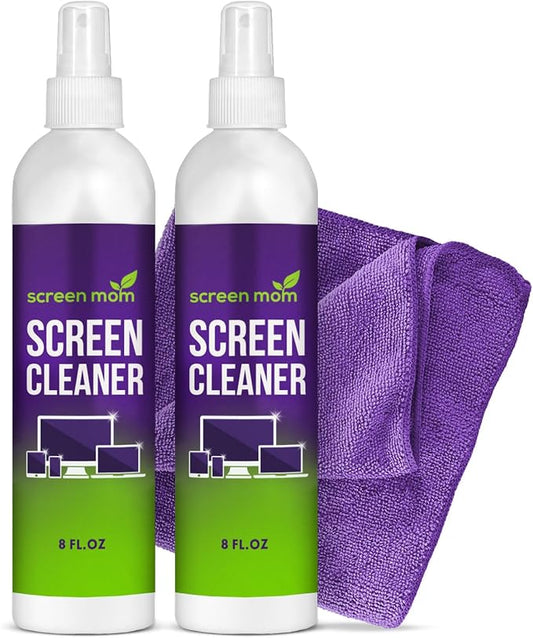 Screen Mom Screen Cleaner Spray 2 Pack-2x8oz for TV, Car, Laptop & Computer | Streak-Free Finish, Glass & OLED Safe, Alcohol-Free Formula, Cleans Phones & Tablets, No Residue, Includes Microfiber Cloths