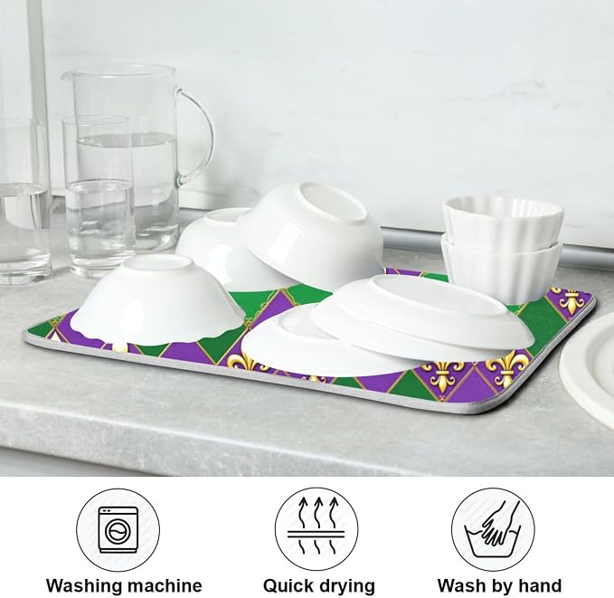 Happy Mardi Gras Purple Green Dish Drying Mat for Kitchen Countertop 18x24 Fleur de Lis Buffalo Plaid Large Drying Mat Reusable Quick Dry Dish Sink Mats Easy Clean Decorative Essentials