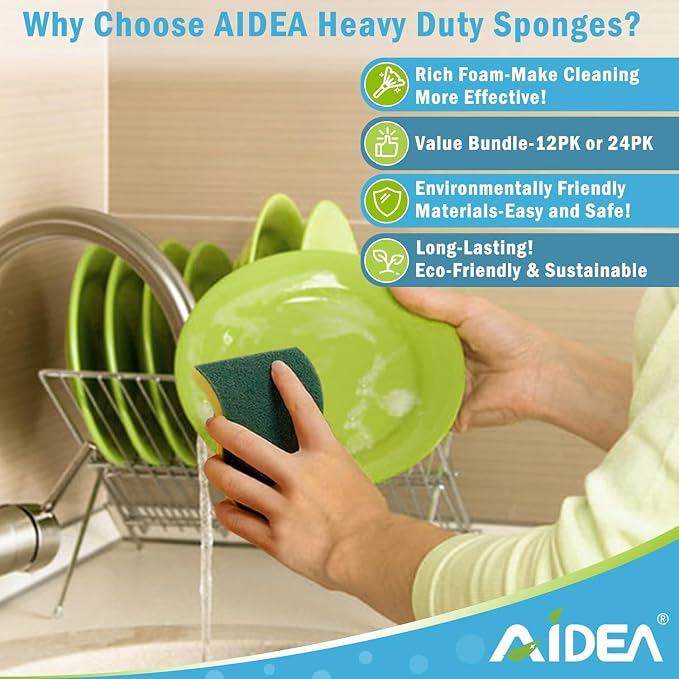 AIDEA Sponges Kitchen, 50-PK Heavy Duty Dish Sponge Kitchen, Scrub Sponges | Sponges for Dishes Stink-Free Cleaning, Reusable Cleaning Dish Scrubber Sponges for Home & Restaurant, Bathroom, Sponges Bulk