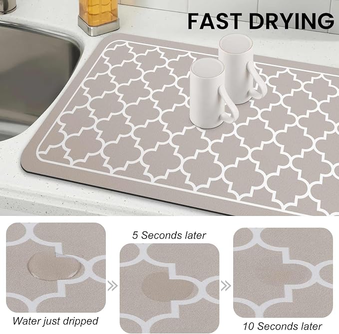 WISELIFE Dish Drying Mat Super Absorbent Drying Mat Large Dish Drying Mats for Kitchen Counter Easy Clean Dish Mat Kitchen Drying Mat18"x 28" Stylish Khaki