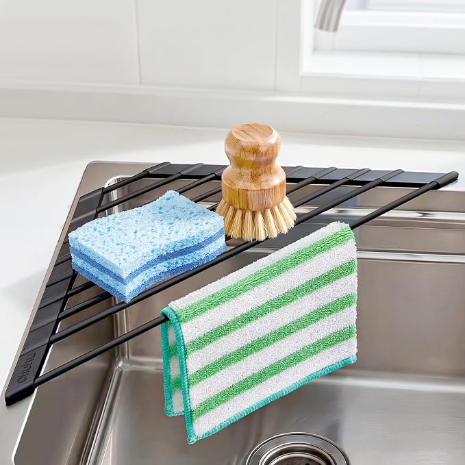 Ohuhu Corner Sink Caddy, Sponge Holder for Kitchen Sink Organizer - Silicone Wrapped Steel Anti Slip Rust Triangle Over the Sink Roll-UP Dish Drying Rack for Sink Corner Kitchen Sink Accessories