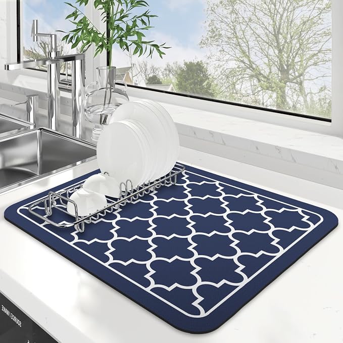 WISELIFE Dish Drying Mat Super Absorbent Drying Mat Large Dish Drying Mats for Kitchen Counter Easy Clean Dish Mat Kitchen Drying Mat15"x 18" Stylish Blue