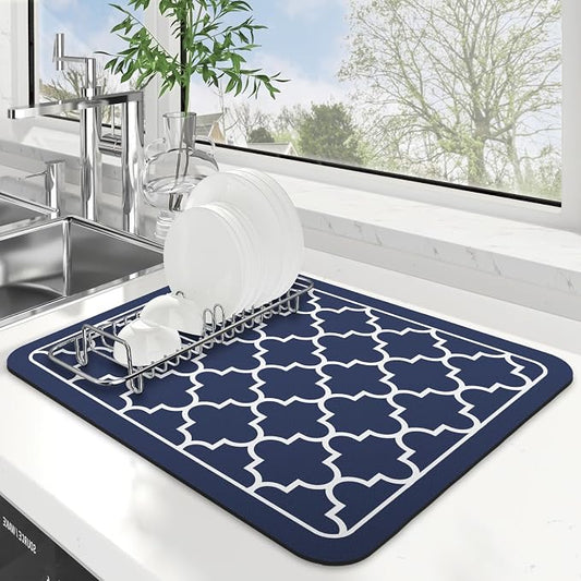WISELIFE Dish Drying Mat Super Absorbent Drying Mat Large Dish Drying Mats for Kitchen Counter Easy Clean Dish Mat Kitchen Drying Mat15"x 18" Stylish Blue