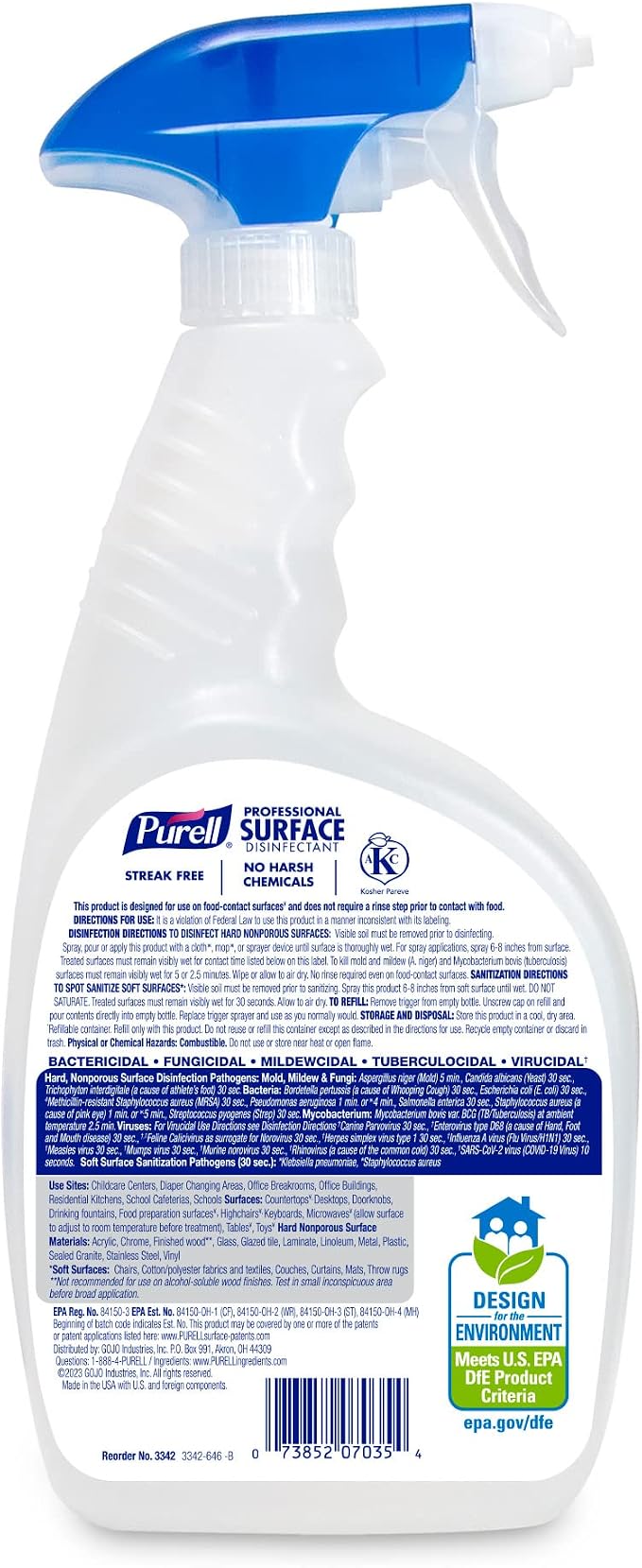 PURELL Professional Surface Disinfectant Spray, Citrus Scent, 32 fl oz Capped Bottle with Spray Trigger in Pack (Pack of 6) - 3342-06