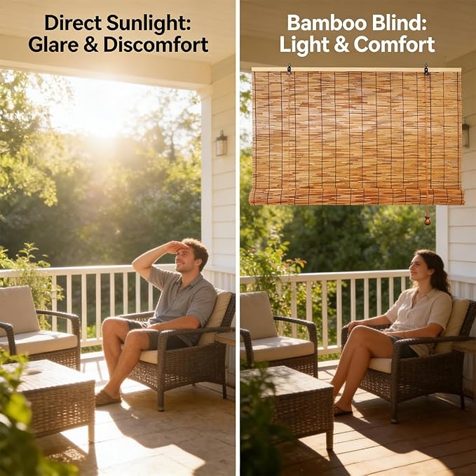 Retro Bamboo Shades for Outdoor Patio Privacy, Waterproof Bamboo Blinds, Natural Reed Bamboo Roll Up Blinds, Bamboo Roller Shades for Porch Gazebo Deck Windows, Sizes 16" to 80" Wide(46" W x 84" H)