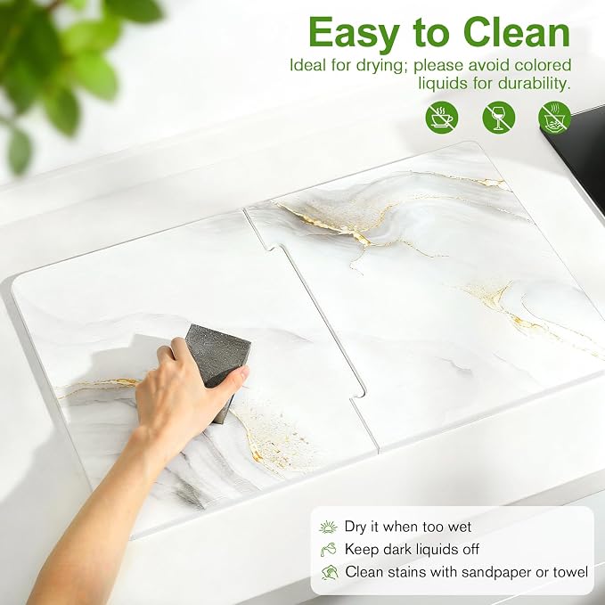 Luxspire Large Stone Drying Mat for Kitchen Counter 24"x16"- Fast-Absorbing Dish Drying Mat Non-Slip Stone Dish Drying Mat for Dishes, Cups Waterproof Counter Protector for Kitchen Bath, Marble Gold