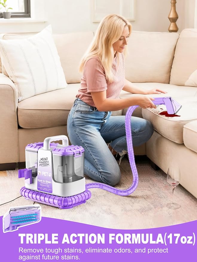 Portable Carpet & Upholstery Cleaner Machine for Pets, Deep Stain Remover with Powerful Suction, Spot Cleaner for Couch, Sofa, Rug, Car Interior & Pet Messes, Dual Tank Portable Carpet Cleaner