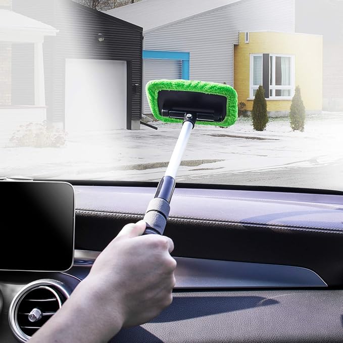 XINDELL Interior Windshield Cleaner Tool – Car Window Cleaning Tool Extendable Handle for Easy Cleaning, 9pcs Reusable Microfiber Pads, Streak-Free Interior & Exterior Auto Glass Cleaner