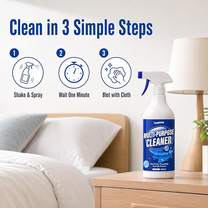 Bed Sheet & Mattress Stain Remover Spray – Removes Urine, Blood & Bodily Fluid Stains from Linens, Upholstery, Fabric & Carpet – Spot Cleaner with Brush for Light Stains, Pillow & Couch, 500ml