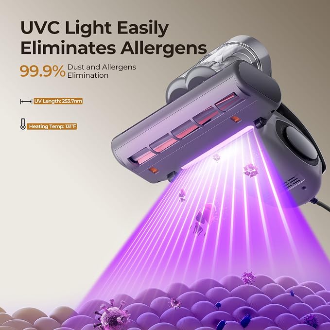 JIGOO Bed Vacuum Cleaner with Dust Sensor, Mattress Vacuum Cleaner with UV & Ultrasonic and High Heating, 13Kpa Suction 500W Powerful Double-Cup Handheld Vacuums (J300, Gray)